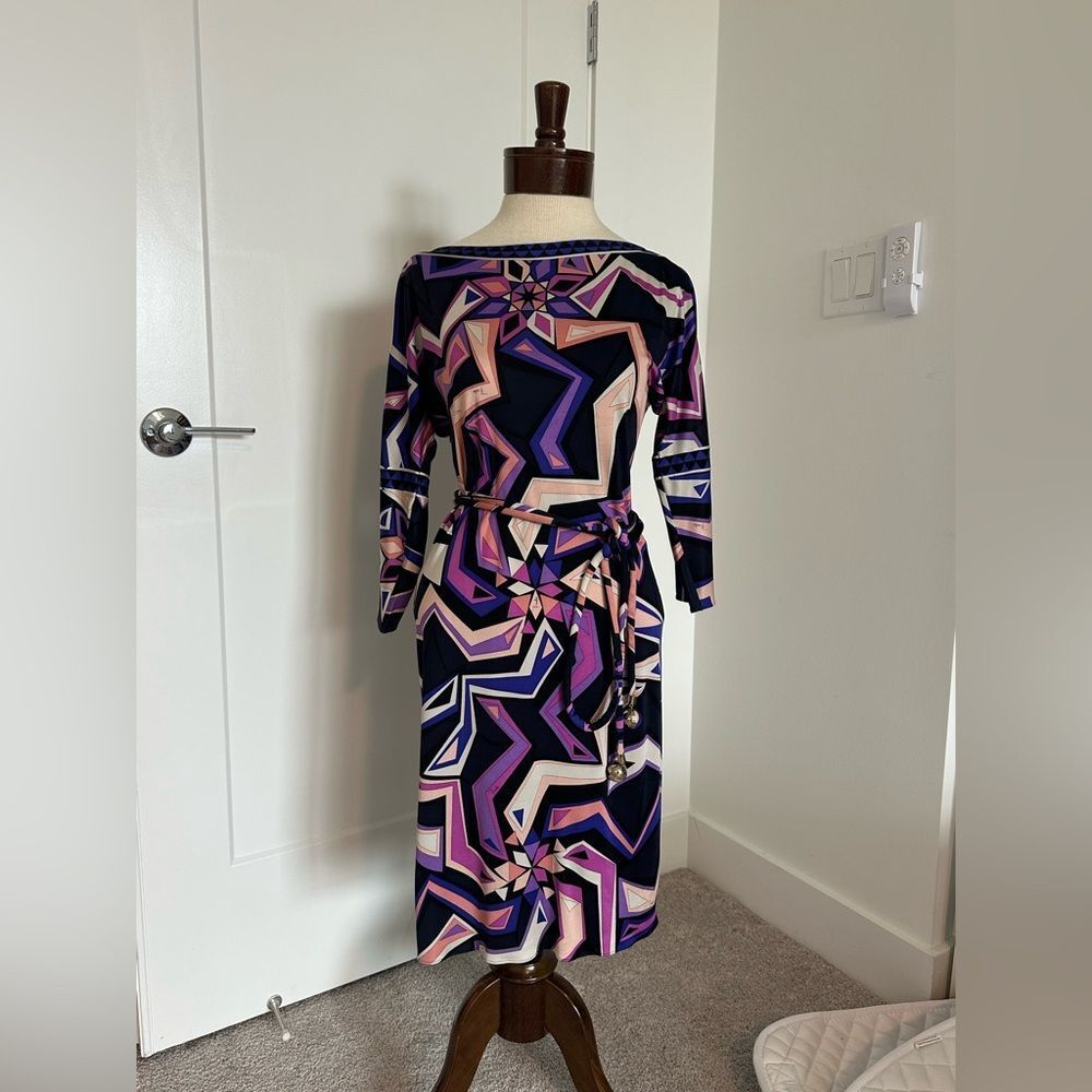 EMILIO PUCCI Vintage Size 4 / 38 Geometric Purple Belted Silk Dress Worn Once